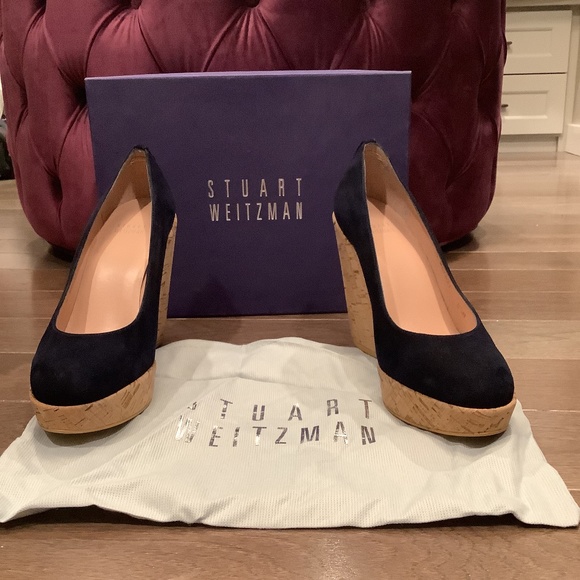 Stuart Weitzman Corkswoon Nice Blue Suede Wedges